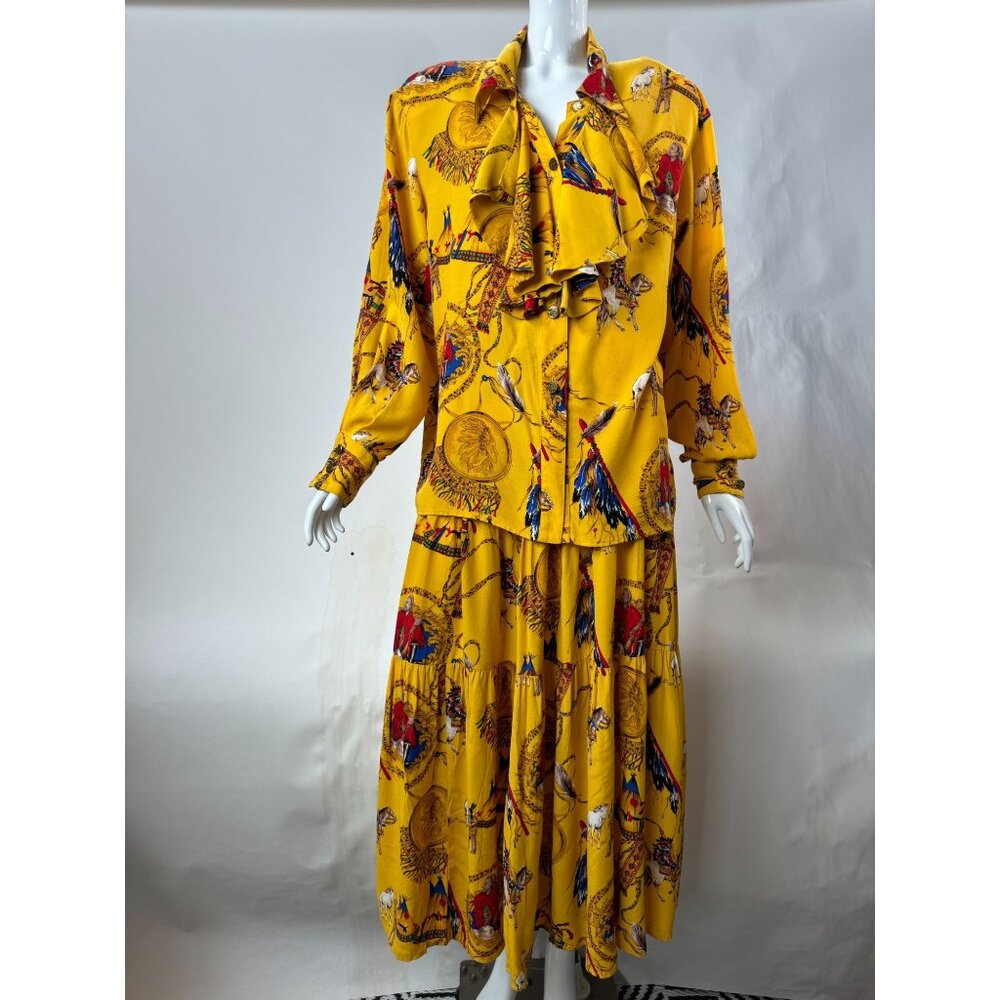 Vintage En Route Yellow Western Print Ruffle Blouse & Skirt Set M/L